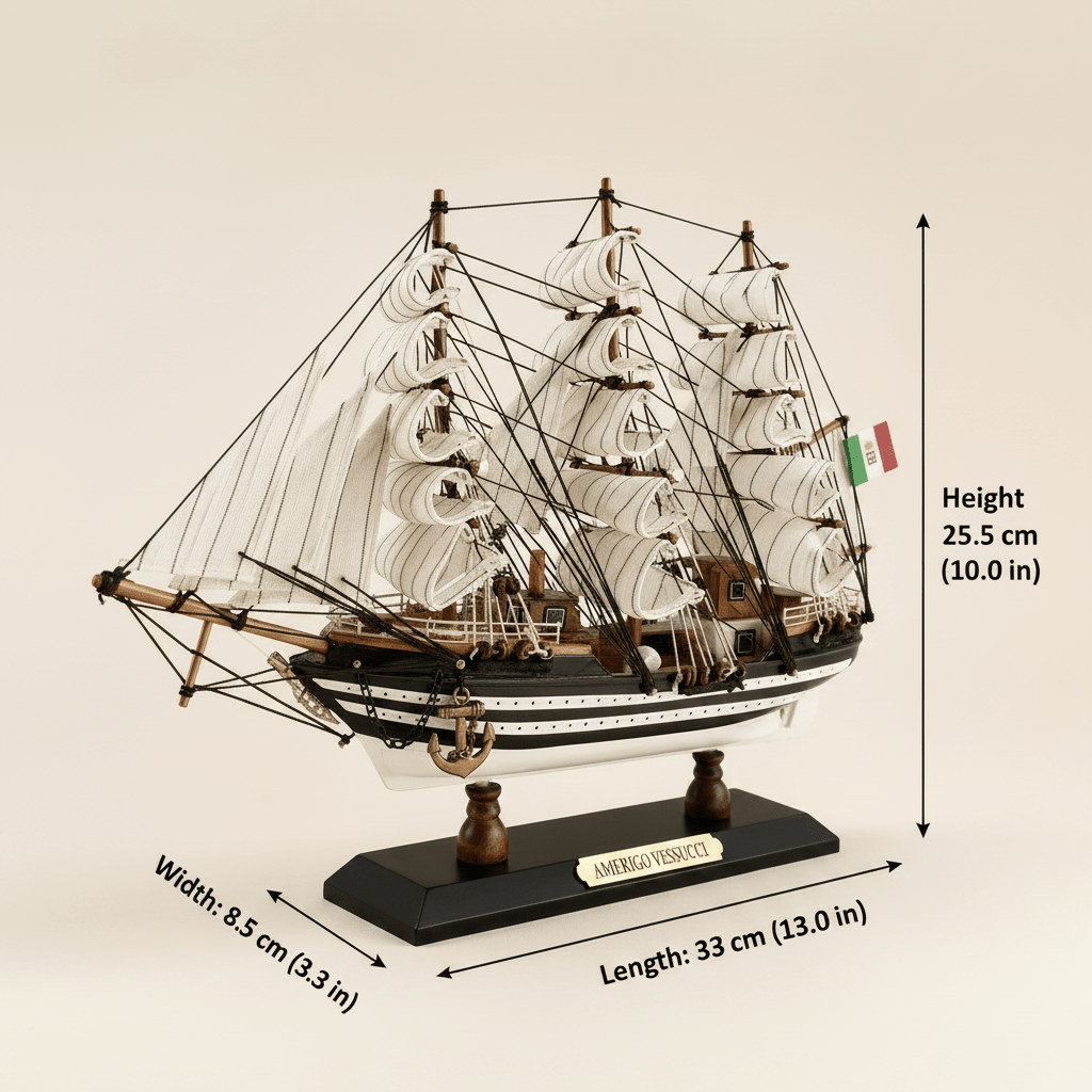 Diagrama de dimensiones del modelo de gran velero Amerigo Vespucci de la Marina italiana: largo 33 cm (13,0 in), ancho 8,5 cm (3,3 in), alto 25,5 cm (10,0 in), vista frontal de tres cuartos sobre fondo crema con anotaciones de dimensión