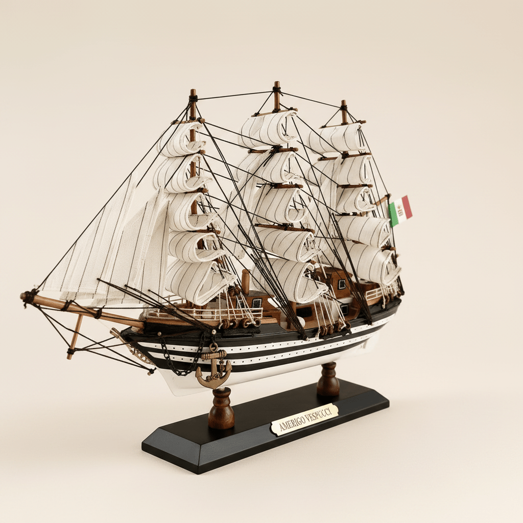 Vista frontal de tres cuartos del modelo de gran velero Amerigo Vespucci de la Marina italiana sobre fondo crema, con tres mástiles y velas blancas completas de aparejo cuadrado, densa jarcia negra, casco negro y blanco a rayas con puntos blancos, ancla en proa y base negra con placa dorada