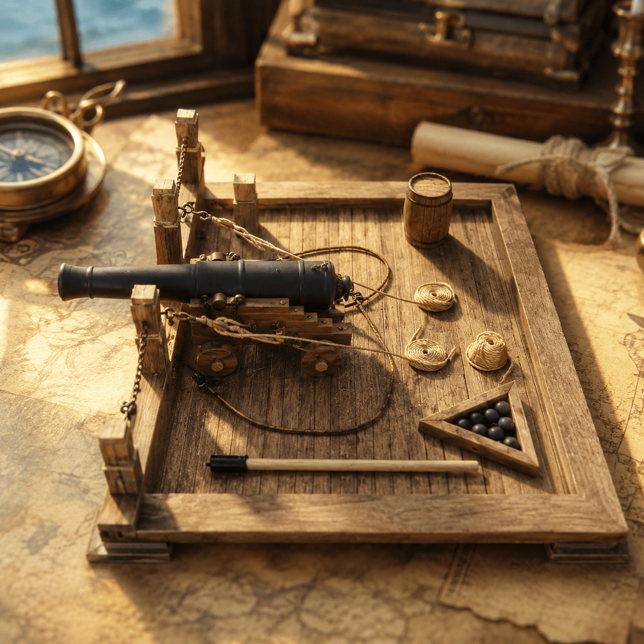 Ancient Naval Cannon Wooden Model Kit – 1:30 Scale Deck Diorama - Ocean Relic Studio- Handcrafted Wooden Ship Model