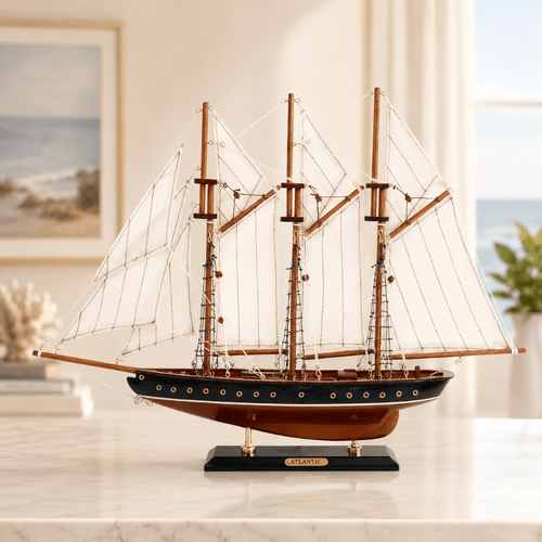 Atlantic Three-Mast Wooden Ship Model – Handcrafted Sailing Ship - Ocean Relic Studio- Handcrafted Wooden Ship Model