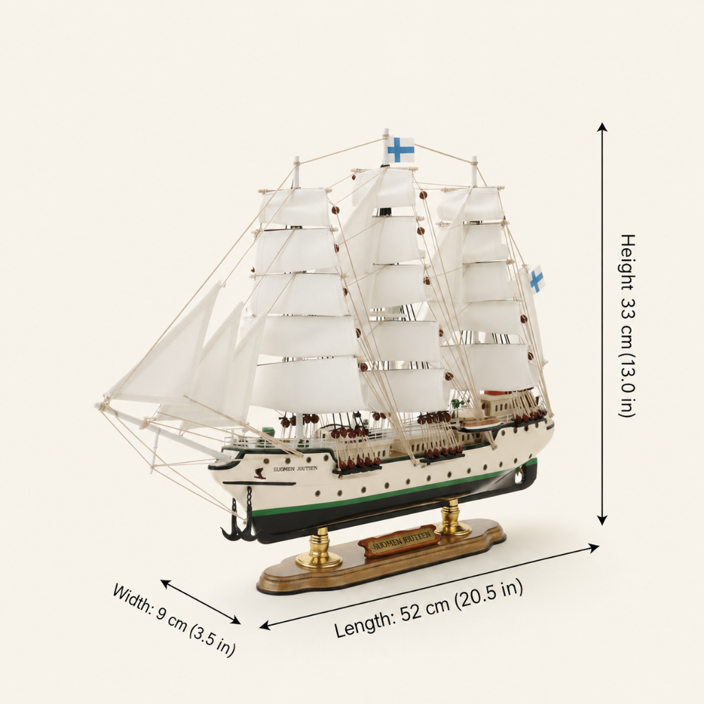 Suomen Joutsen wooden ship model dimensions – 52 cm L × 9 cm W × 33 cm H (20.5 in × 3.5 in × 13.0 in) – Finnish tall ship scale model