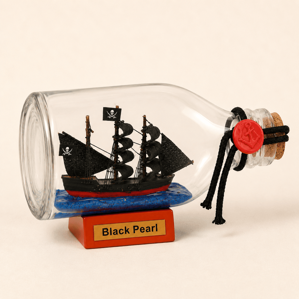 Black Pearl Ship in a Bottle – Pirate Ship Nautical Decor - Ocean Relic Studio- Handcrafted Wooden Ship Model