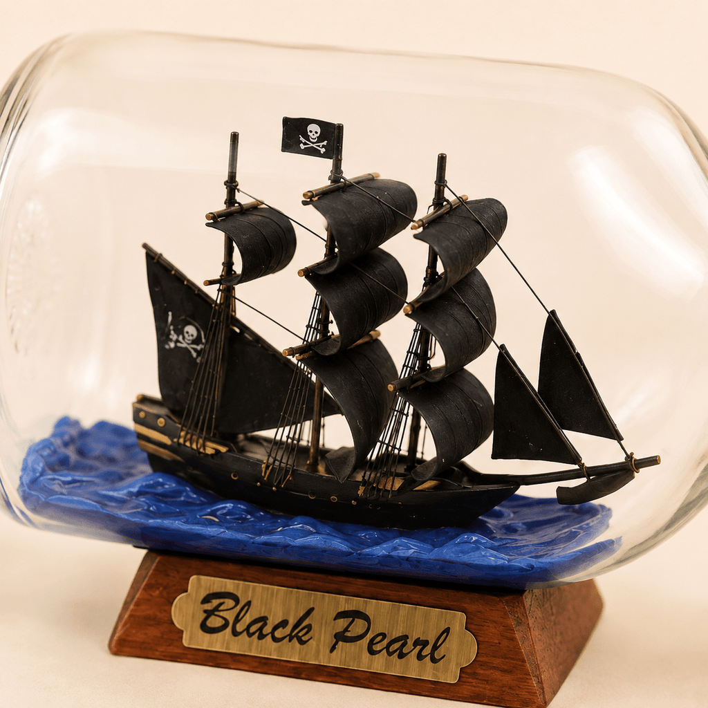 Black Pearl Ship in a Bottle – Pirate Ship Nautical Decor - Ocean Relic Studio- Handcrafted Wooden Ship Model