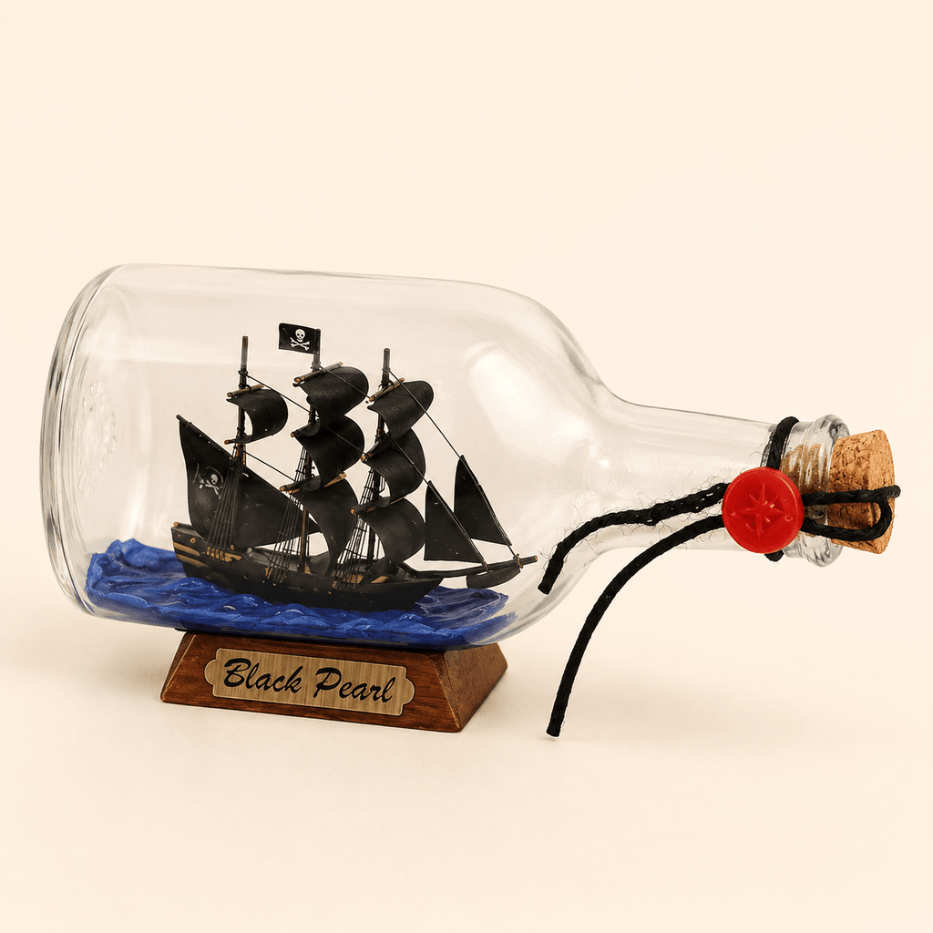 Black Pearl Ship in a Bottle – Pirate Ship Nautical Decor - Ocean Relic Studio- Handcrafted Wooden Ship Model