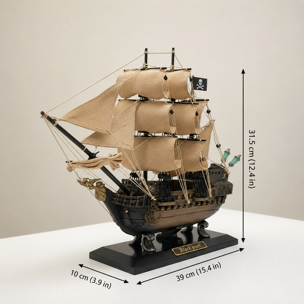 Black Pearl pirate ship model dimension chart – Length 39 cm, Width 10 cm, Height 31.5 cm, handcrafted aged resin construction, approx. 1 kg, cream white background
