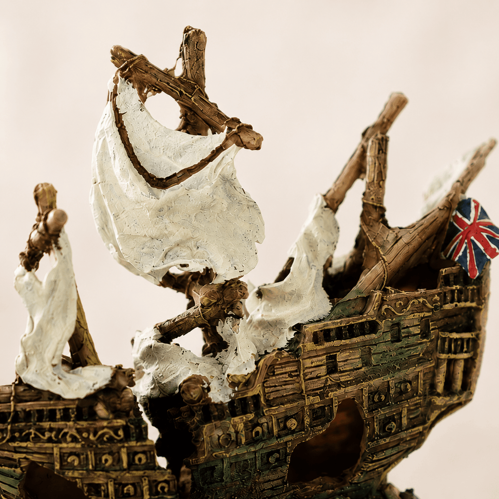 British Warship Wreck Resin Ship Model – Split Hull with Union Jack & Tattered Sails - Ocean Relic Studio- Handcrafted Wooden Ship Model