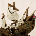 British Warship Wreck Resin Ship Model – Split Hull with Union Jack & Tattered Sails - Ocean Relic Studio- Handcrafted Wooden Ship Model