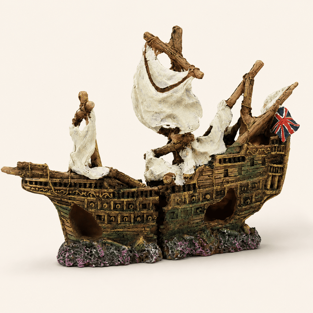 British Warship Wreck Resin Ship Model – Split Hull with Union Jack & Tattered Sails - Ocean Relic Studio- Handcrafted Wooden Ship Model