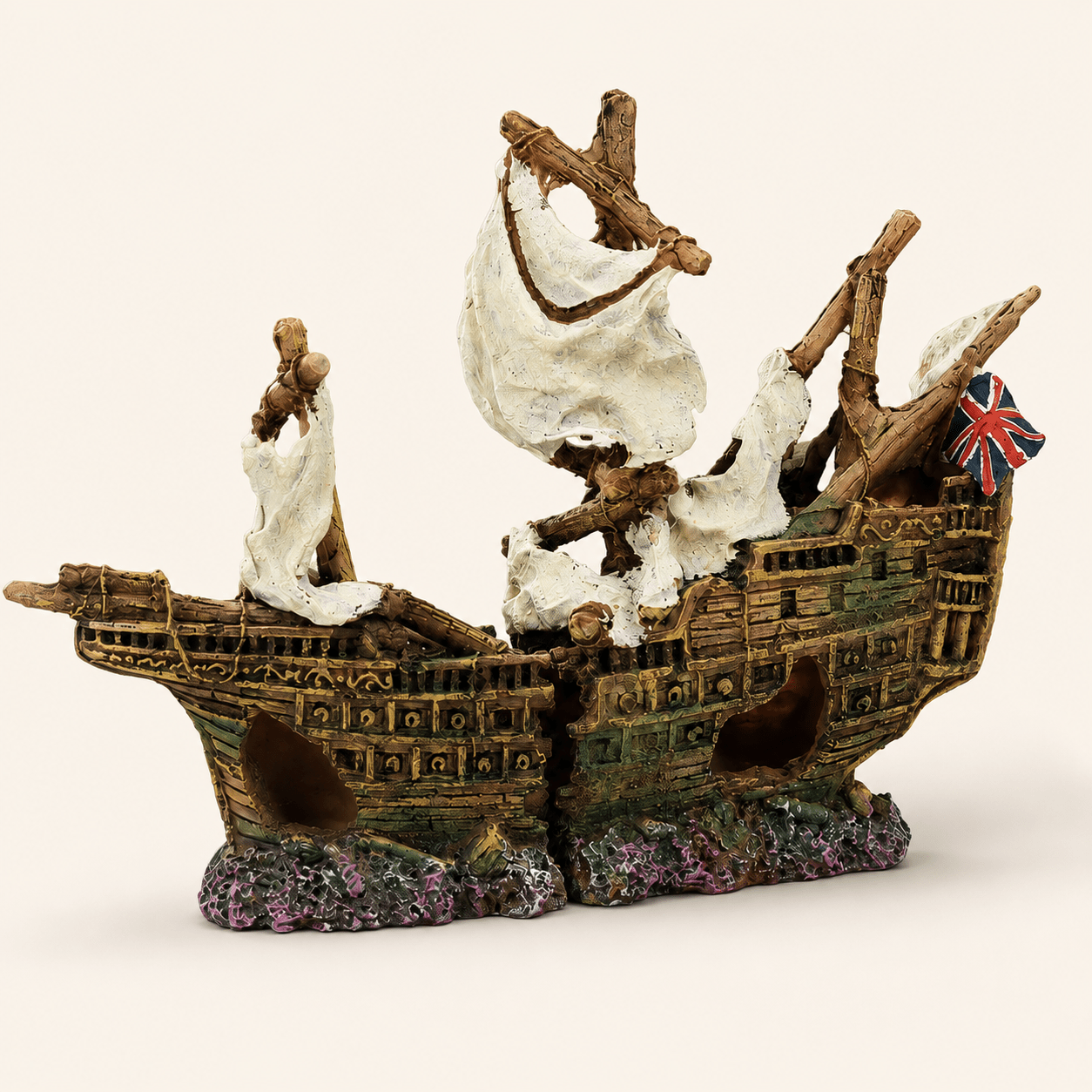 British Warship Wreck Resin Ship Model – Split Hull with Union Jack & Tattered Sails - Ocean Relic Studio- Handcrafted Wooden Ship Model