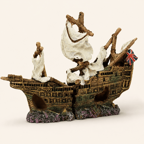 British Warship Wreck Resin Ship Model – Split Hull with Union Jack & Tattered Sails - Ocean Relic Studio