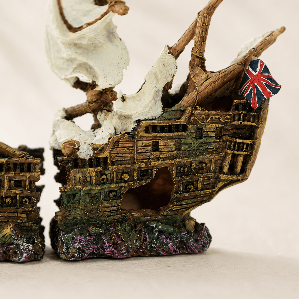 British Warship Wreck Resin Ship Model – Split Hull with Union Jack & Tattered Sails - Ocean Relic Studio- Handcrafted Wooden Ship Model
