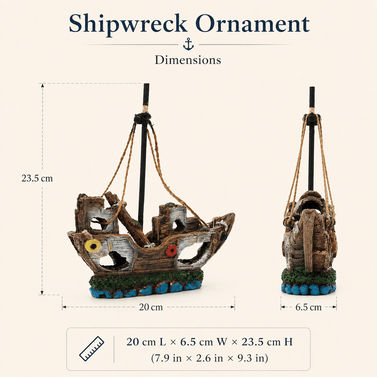 Broken Sailboat Wreck Resin Ship Model – Tall Mast with Rope Rigging Aquarium Decor - Ocean Relic Studio- Handcrafted Wooden Ship Model
