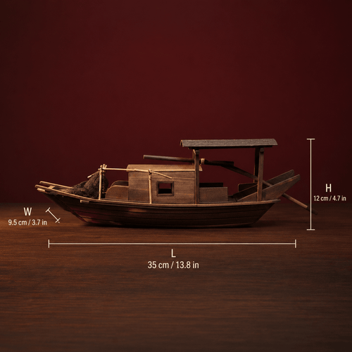 Chinese Fishing Junk Ship Model – Hand-Knotted Net & Bamboo Pole - Ocean Relic Studio