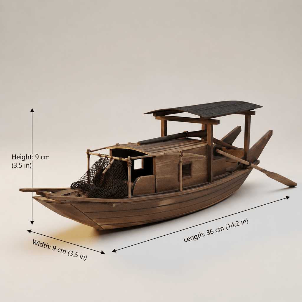 Chinese Fishing Junk Ship Model – Hand-Knotted Net & Bamboo Pole