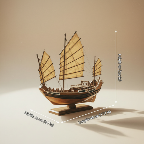 Chinese junk ship model dimensions: 45 cm L × 13 cm W × 40 cm H (17.7 in × 5.1 in × 15.7 in)