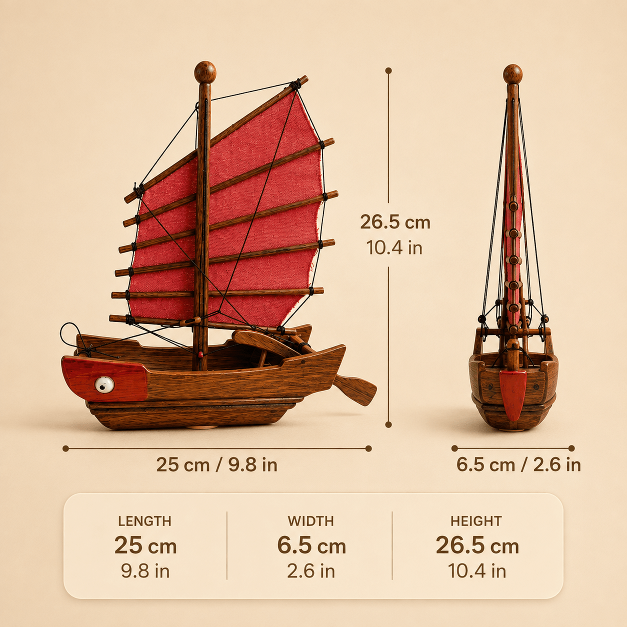 Chinese Junk Wooden Ship Model – Classic 25 cm - Ocean Relic Studio- Handcrafted Wooden Ship Model