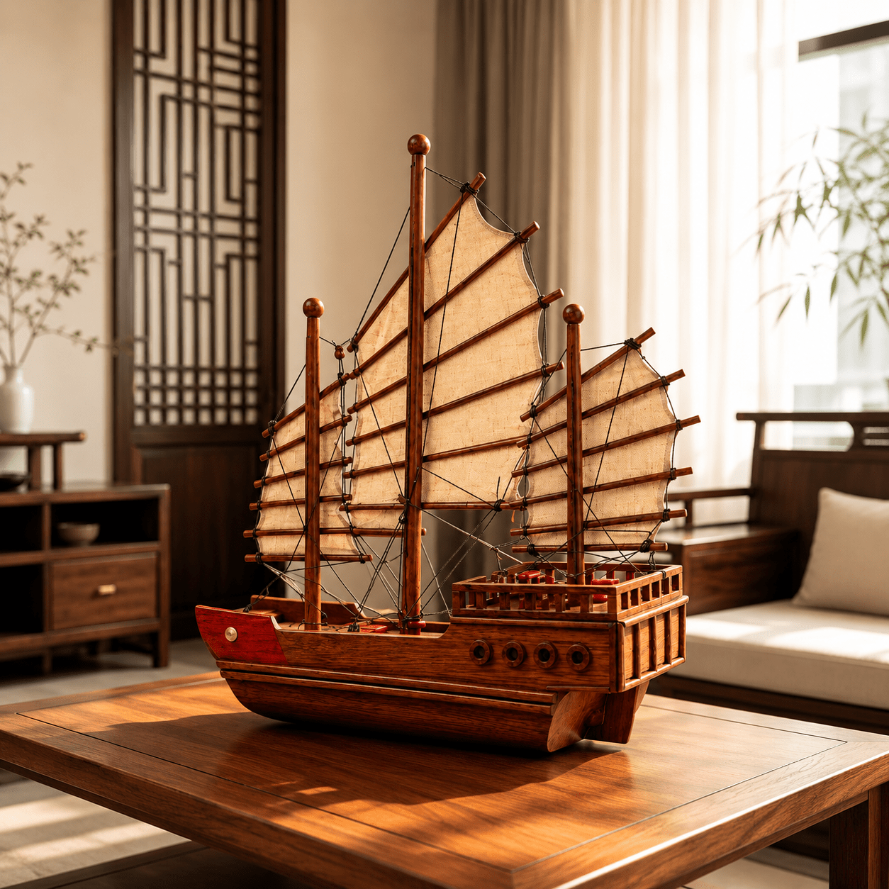 Chinese Junk Wooden Ship Model – Classic 38 cm - Ocean Relic Studio- Handcrafted Wooden Ship Model