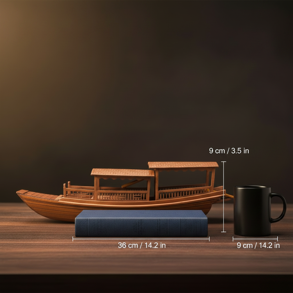 Chinese pleasure boat (画舫) model size comparison — 36 cm long × 9 cm tall (14.2 in × 3.5 in), shown beside a book and black mug for scale