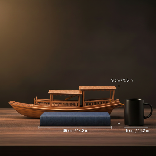 Chinese pleasure boat (画舫) model size comparison — 36 cm long × 9 cm tall (14.2 in × 3.5 in), shown beside a book and black mug for scale