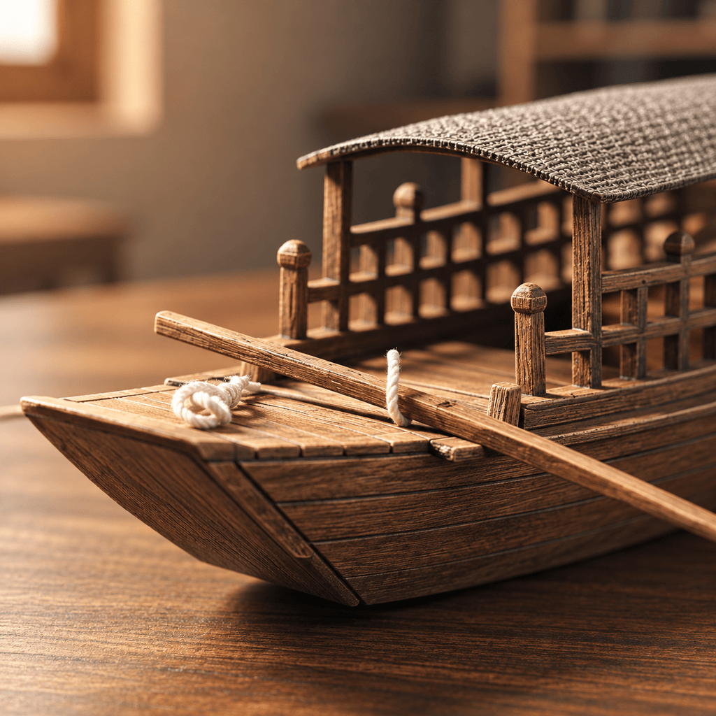 Chinese River Boat Model – 1980s Zhoushan Wooden Workshop Edition - Ocean Relic Studio