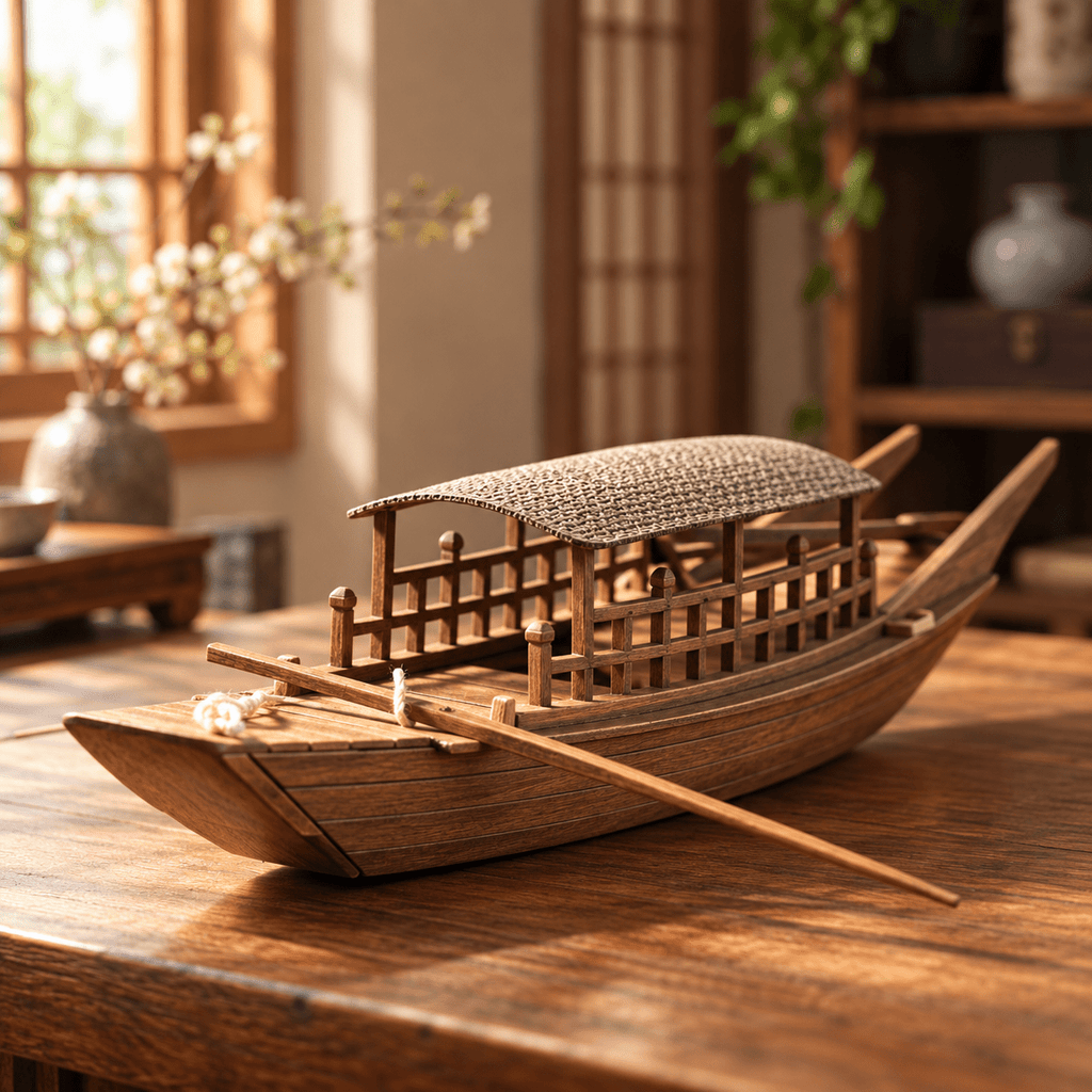 Chinese River Boat Model – 1980s Zhoushan Wooden Workshop Edition - Ocean Relic Studio
