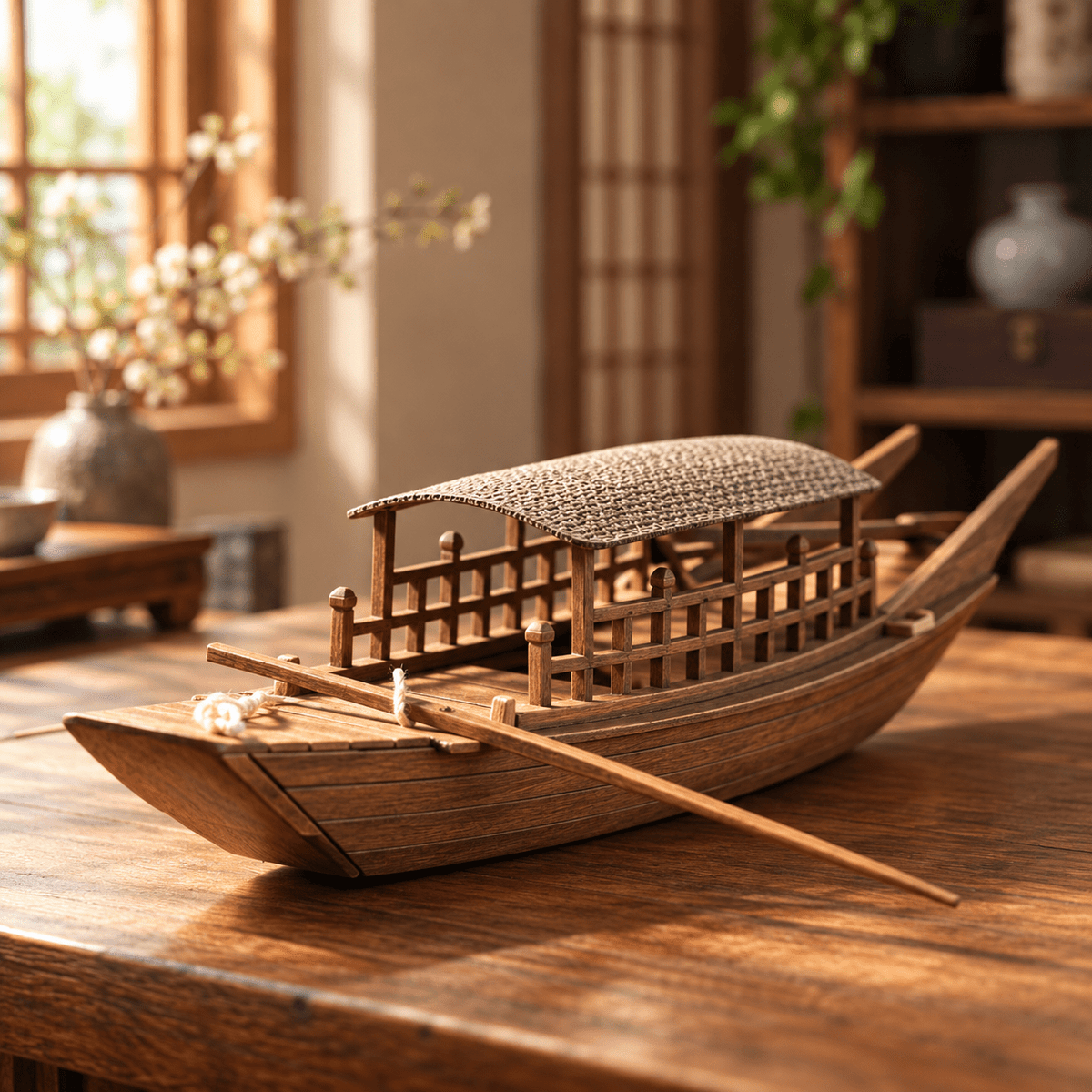 Chinese River Boat Model – 1980s Zhoushan Wooden Workshop Edition - Ocean Relic Studio