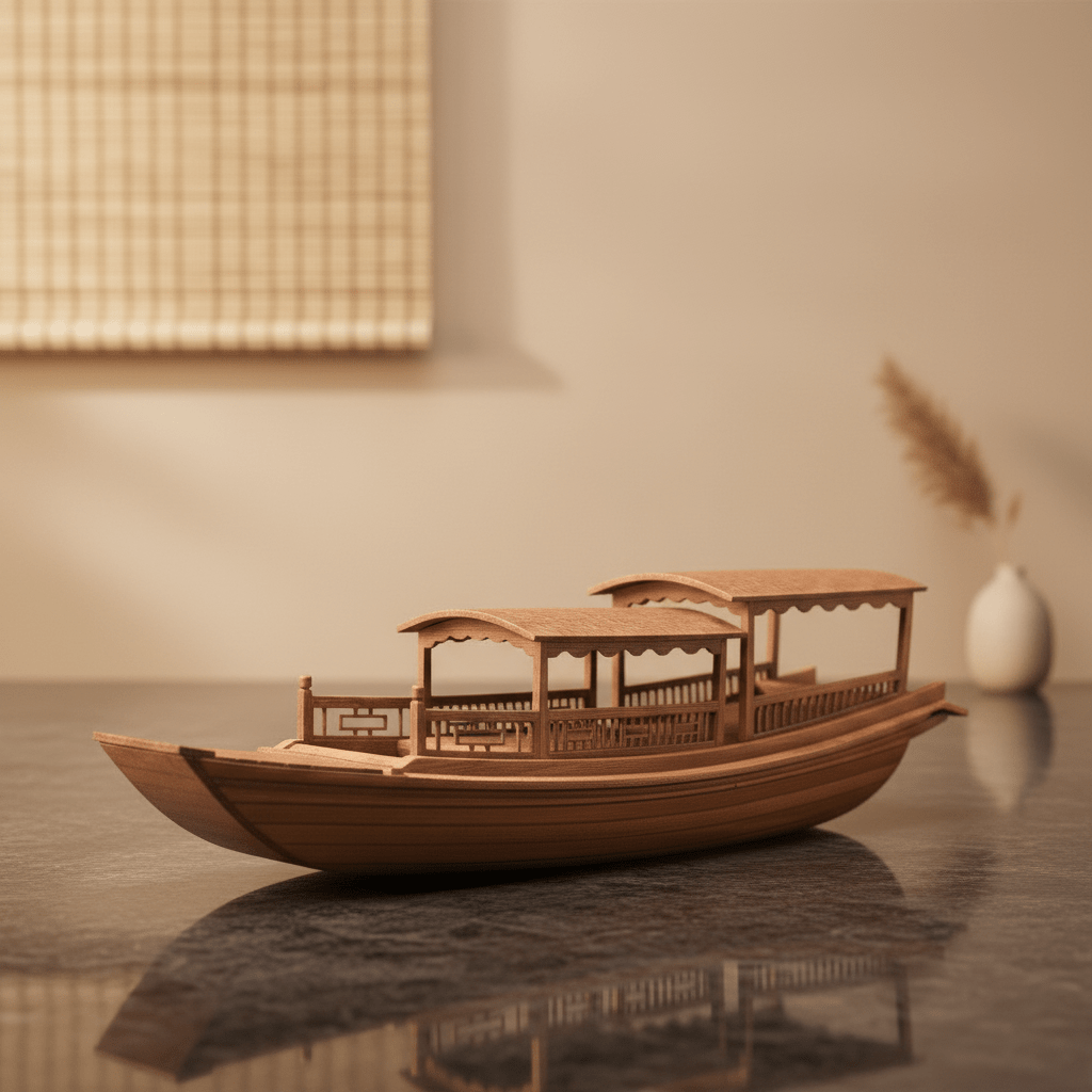 Chinese River Junk Ship Model – Double-Roof Wooden Boat - Ocean Relic Studio- Handcrafted Wooden Ship Model