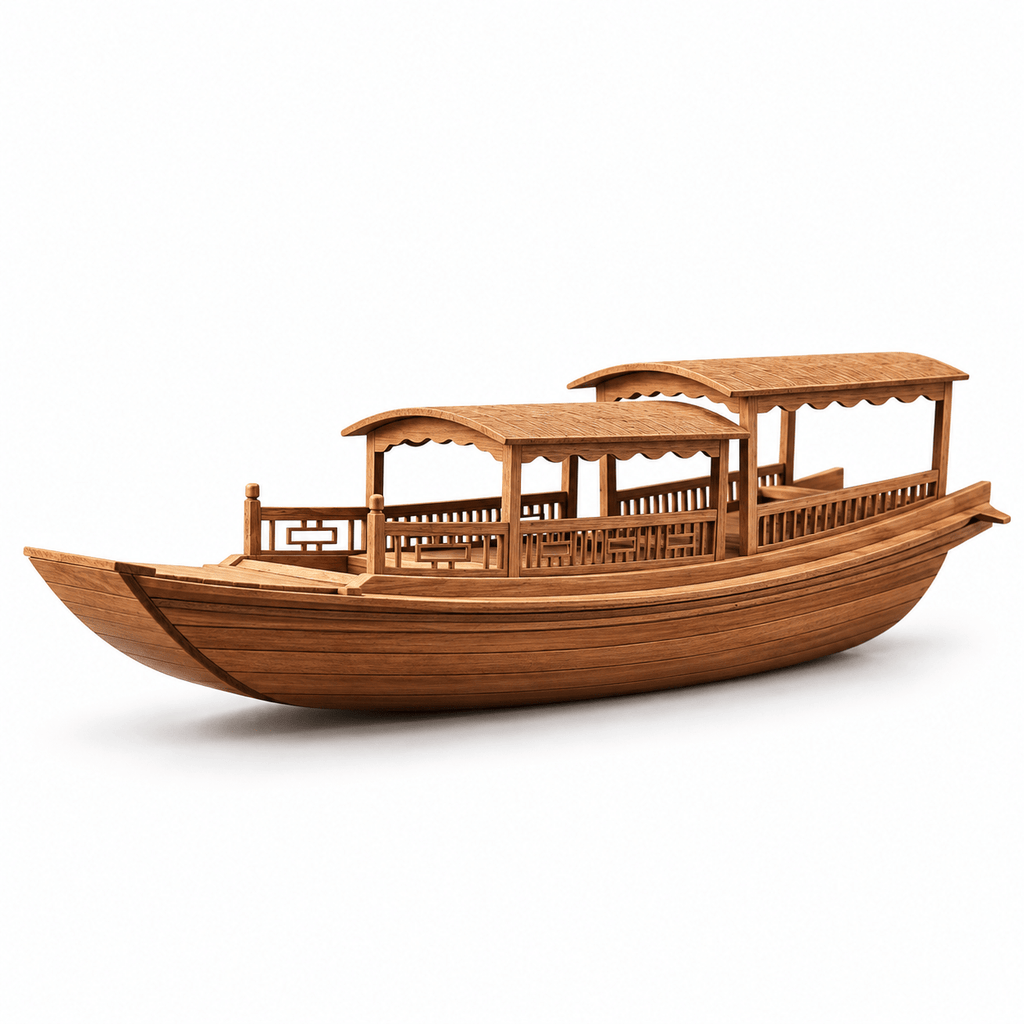 Chinese River Junk Ship Model – Double-Roof Wooden Boat - Ocean Relic Studio