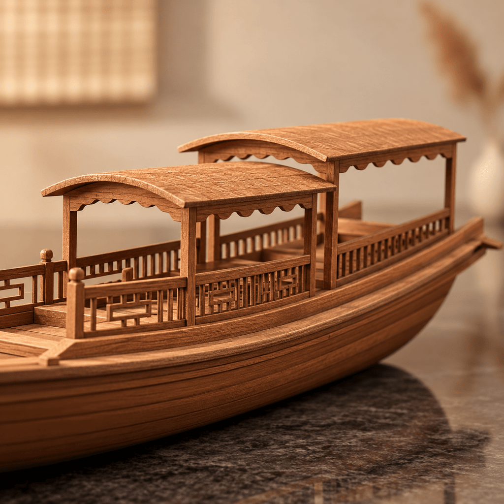 Chinese River Junk Ship Model – Double-Roof Wooden Boat - Ocean Relic Studio