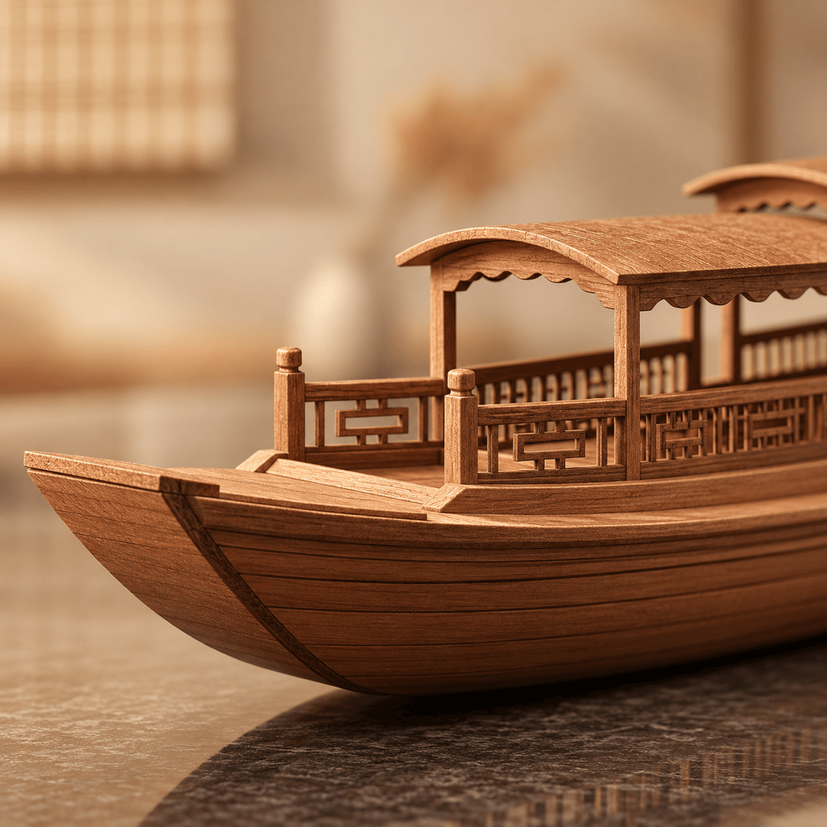 Chinese River Junk Ship Model – Double-Roof Wooden Boat - Ocean Relic Studio