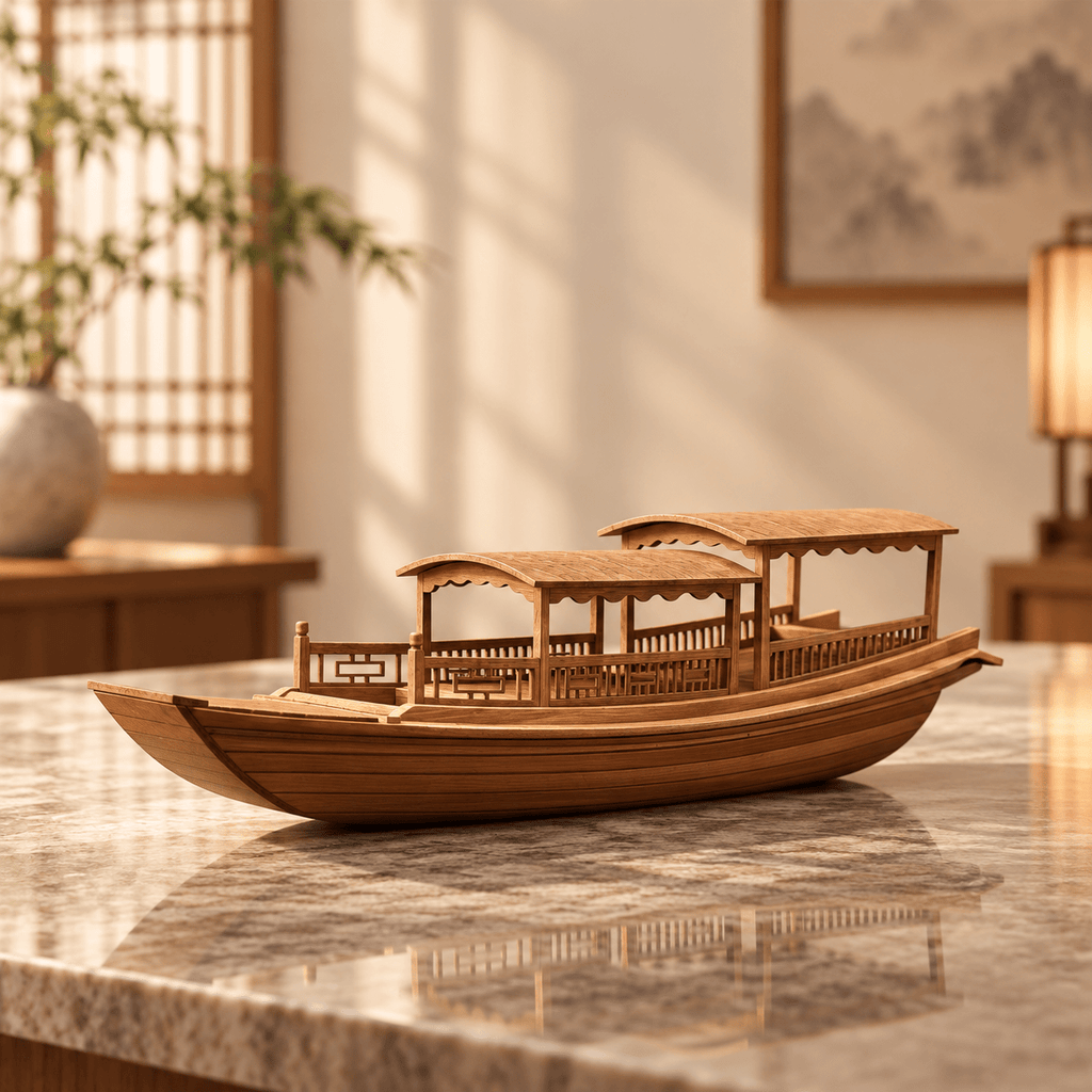 Chinese River Junk Ship Model – Double-Roof Wooden Boat - Ocean Relic Studio