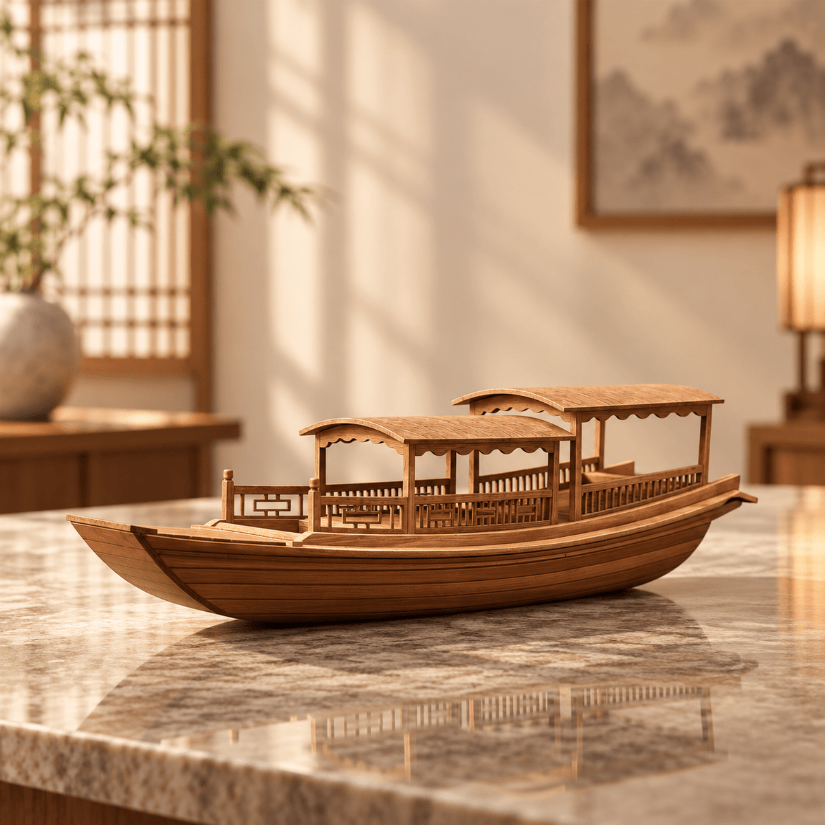 Chinese River Junk Ship Model – Double-Roof Wooden Boat - Ocean Relic Studio
