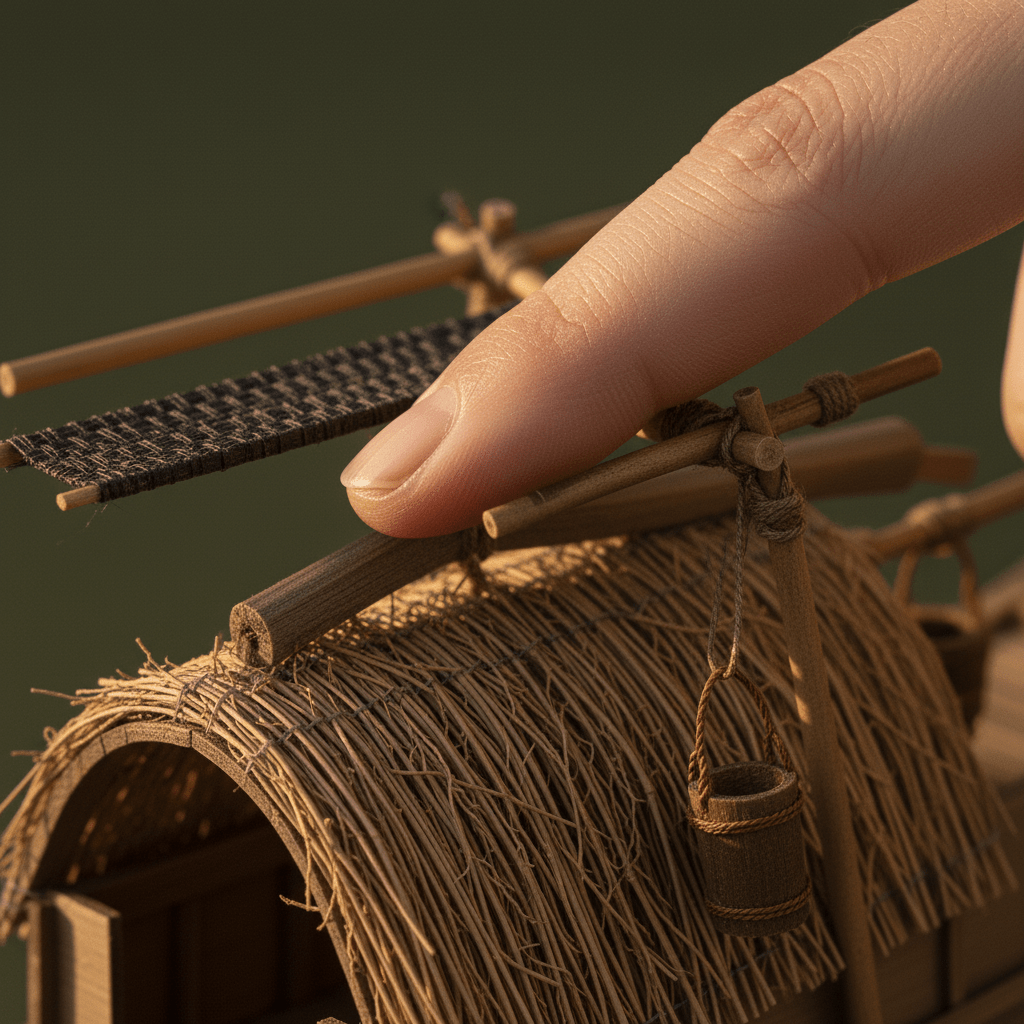 藁葺き船室の中国河川ジャンク模型 — 手作り木製漁船 - Ocean Relic Studio