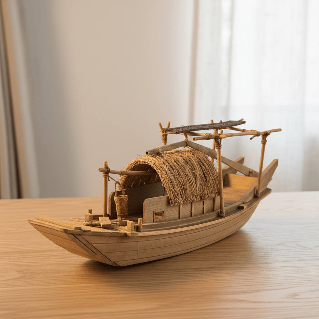 Modelo artesanal chino de barco pesquero con cabina de paja sobre un escritorio de roble claro en un ambiente cálido del hogar, casco entablado de madera natural, bastidor superior de bambú, cesta de mimbre colgante y luz natural suave