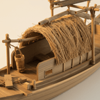 Modello di barca da pesca cinese con cabina in paglia, dettaglio ravvicinato, con cabina con tetto in paglia, telaio in bambù, cesto di vimini e scafo in legno