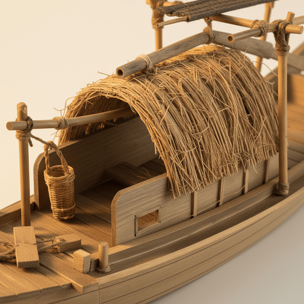 Modello di barca da pesca cinese con cabina in paglia, dettaglio ravvicinato, con cabina con tetto in paglia, telaio in bambù, cesto di vimini e scafo in legno