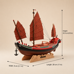 Chinese junk ship model with dimension labels: 28 cm L × 8 cm W × 22.5 cm H (11 in × 3.1 in × 8.9 in)