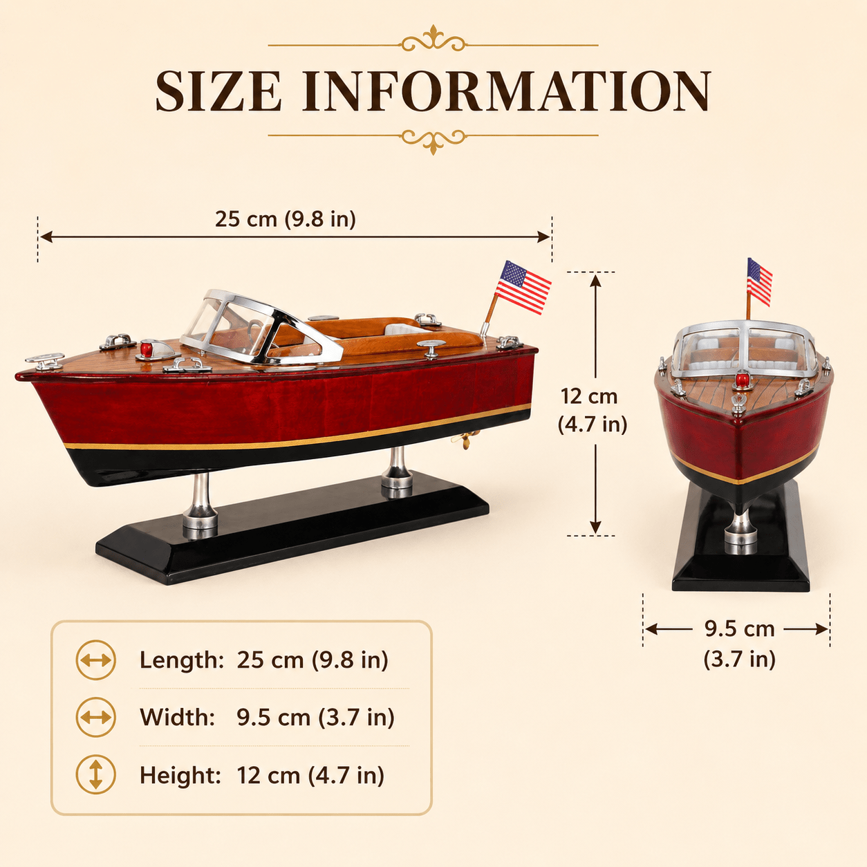 Chris-Craft Runabout Wooden Boat Model – Classic 25 cm - Ocean Relic Studio- Handcrafted Wooden Ship Model