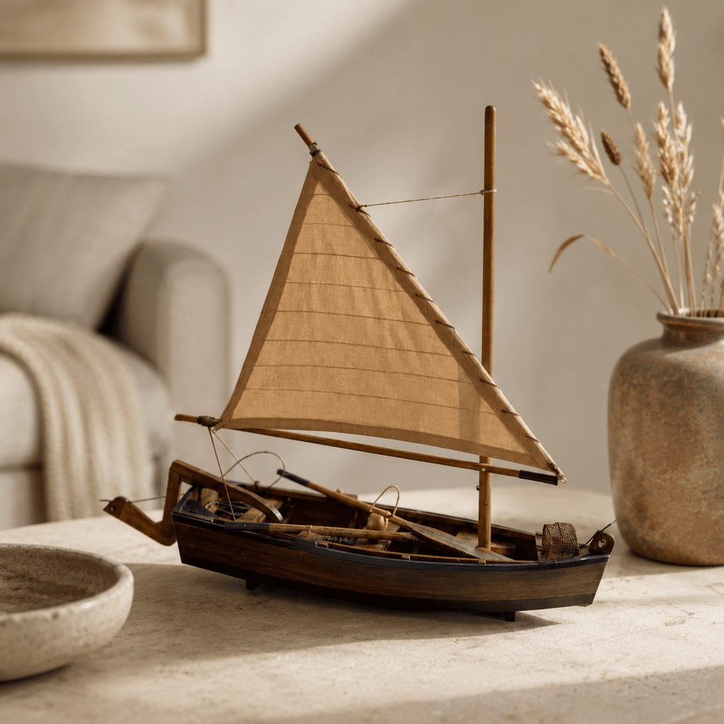 Coastal Sloop Wooden Sailboat Model – Handcrafted Desk Decor - Ocean Relic Studio- Handcrafted Wooden Ship Model