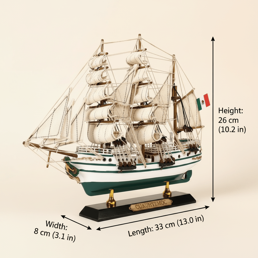 쿠아우테목 멕시코 해군 목제 범선 모형 — 치수 안내 이미지, 길이 33 cm (13.0 in), 폭 8 cm (3.1 in), 높이 26 cm (10.2 in), 전면 3/4 시점, 크림색 배경, 치수 표기 포함