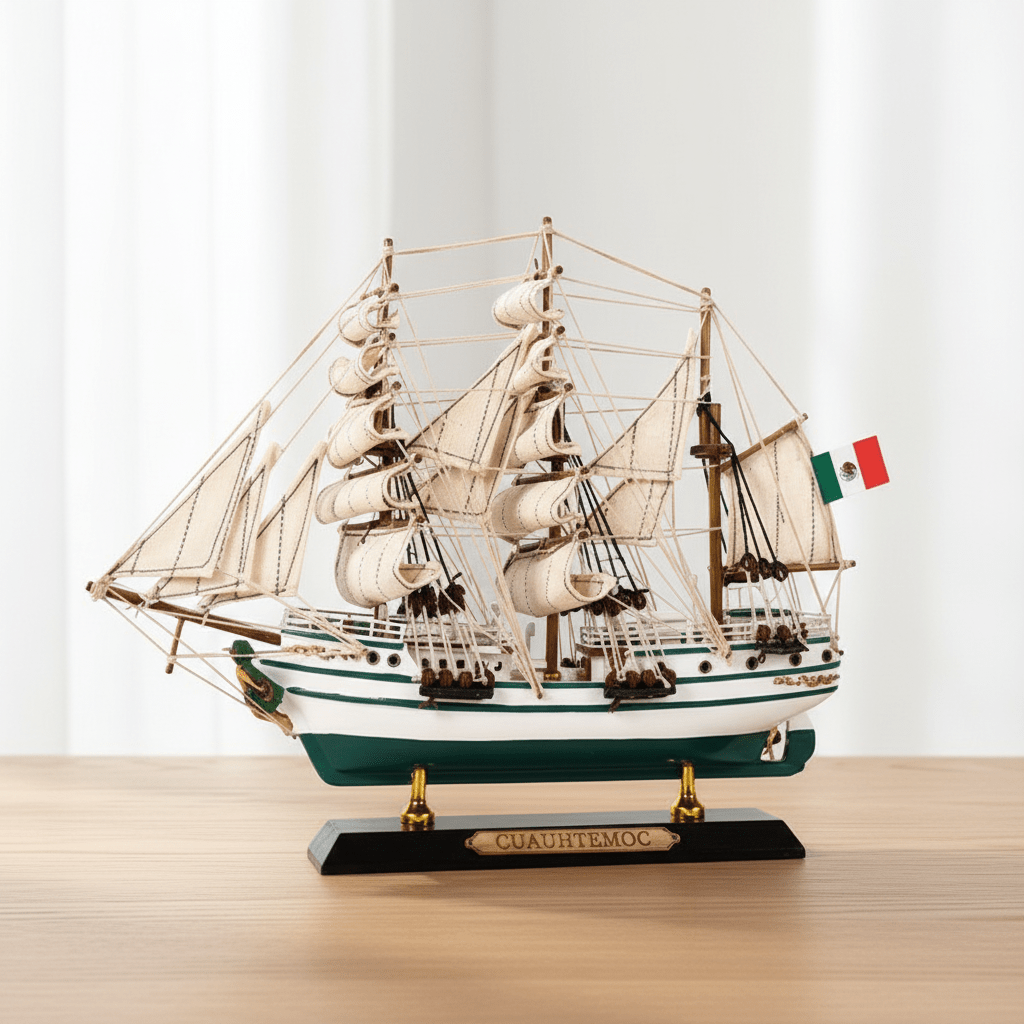 Modello in legno del veliero Cuauhtémoc della Marina Messicana esposto su una scrivania in legno, con tre alberi, vele quadre bianche, scafo bianco e verde acqua e bandiera messicana