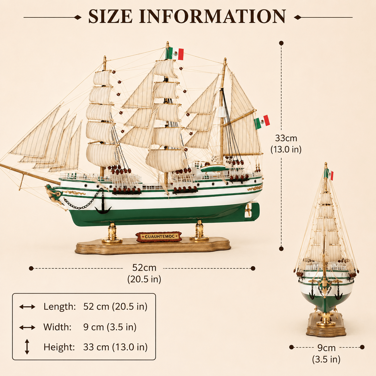 Cuaühtémoc Wooden Ship Model – Premium 52 cm - Ocean Relic Studio- Handcrafted Wooden Ship Model