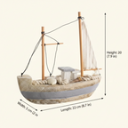 Mediterranean fishing boat wooden model dimension chart – 22 cm L × 5 cm W × 20 cm H (8.7 in × 2 in × 7.9 in), handcrafted wood and rope construction, cream white background