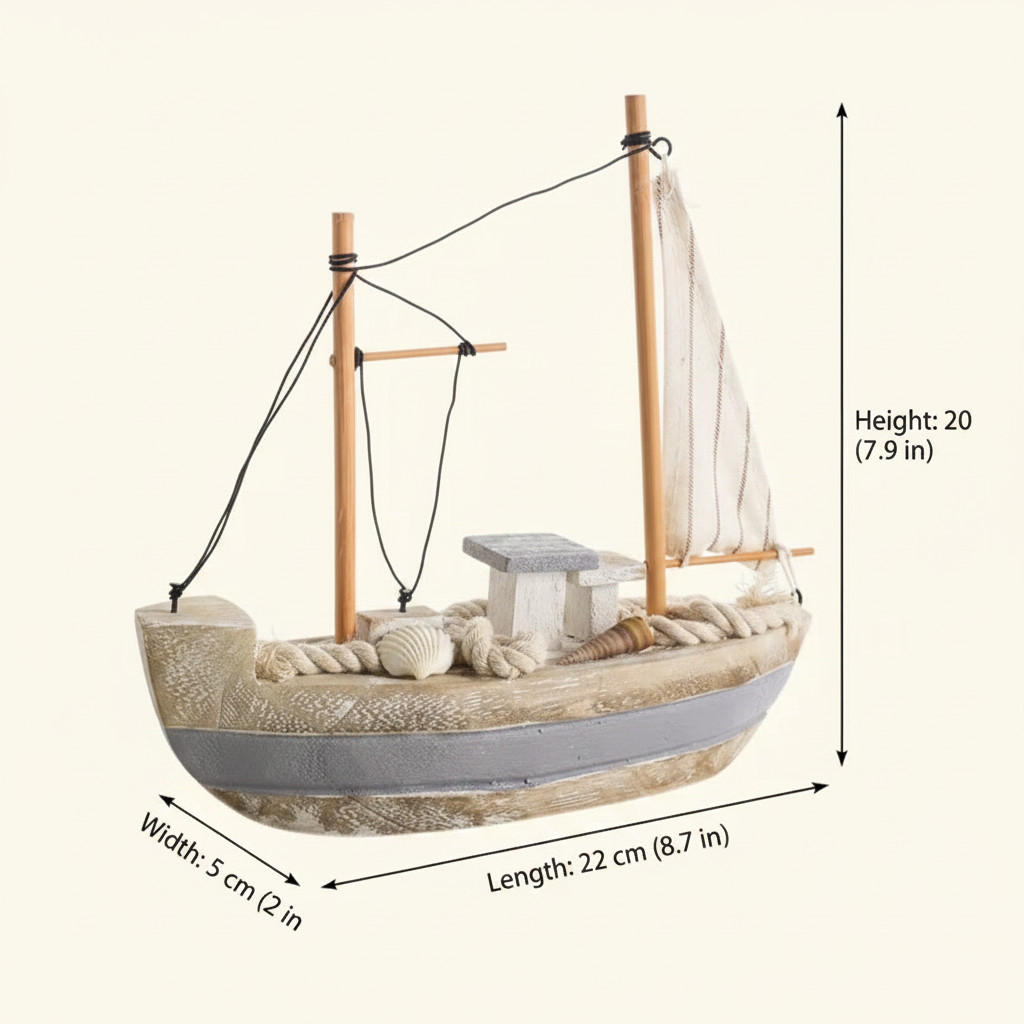 Mediterranean fishing boat wooden model dimension chart – 22 cm L × 5 cm W × 20 cm H (8.7 in × 2 in × 7.9 in), handcrafted wood and rope construction, cream white background