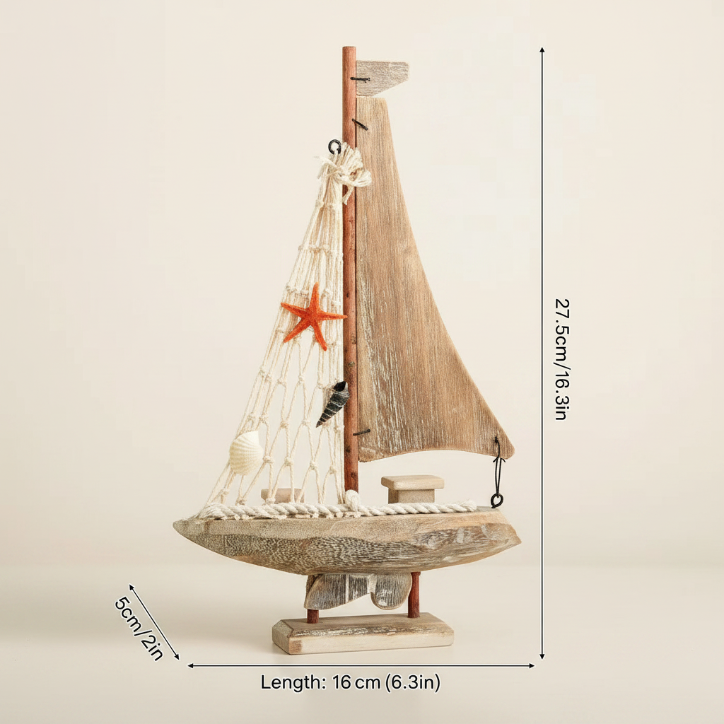 Mediterranean wooden sailboat model size reference – 16 cm L × 5 cm W × 27.5 cm H (6.3 in × 2 in × 10.3 in), 77g lightweight, handcrafted wood and rope construction