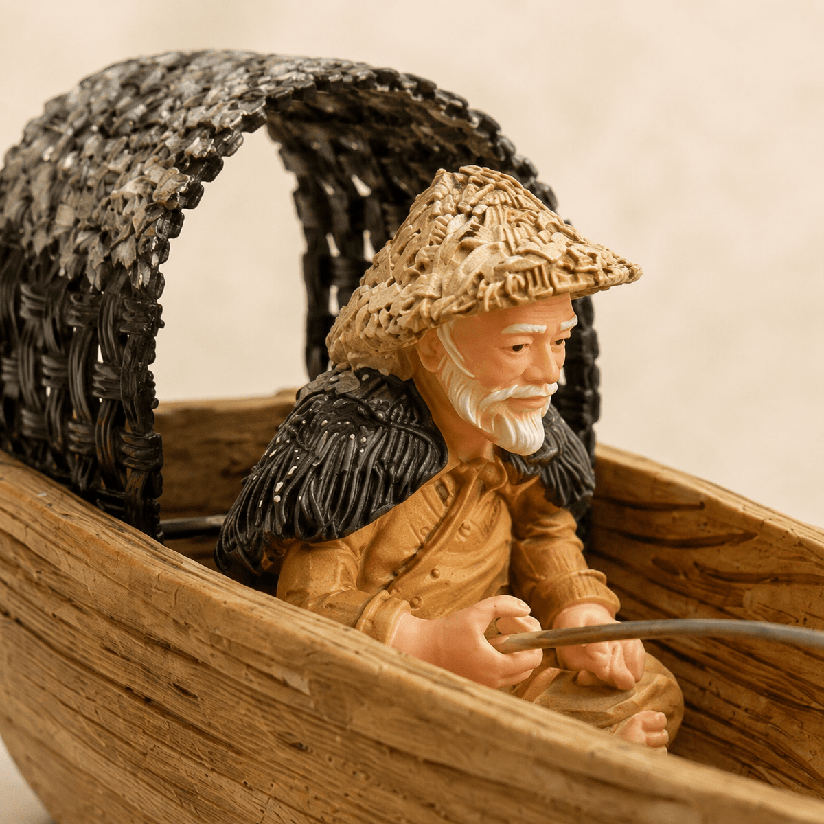 Fisherman in Wicker Boat Resin Ship Model – Chinese River Scene - Ocean Relic Studio