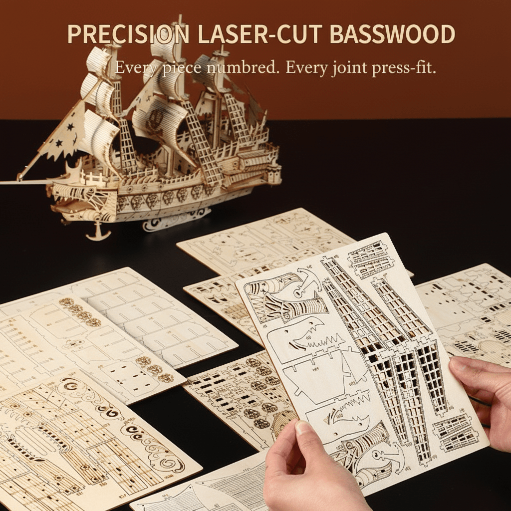 Kit del modello Flying Dutchman — puzzle navale in legno da 269 pezzi - Ocean Relic Studio