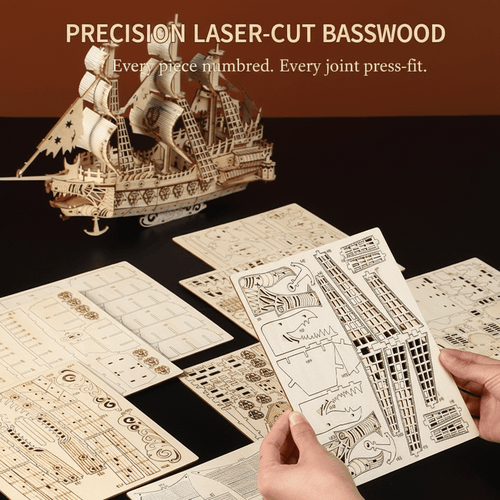 Flying Dutchman Wooden Ship Model Kit – 269-Piece 3D Puzzle - Ocean Relic Studio- Handcrafted Wooden Ship Model