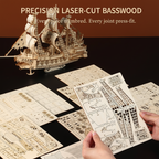Wooden ship model kit with laser-cut basswood pieces and assembly instructions.