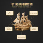Wooden ship model kit with specifications on a dark background